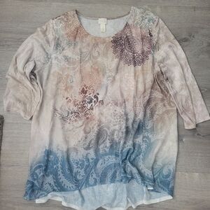 Chico's Scoop Neck Tunic Paisley Beige 3/4 Sleeve Sz 3/xl New Without Tag